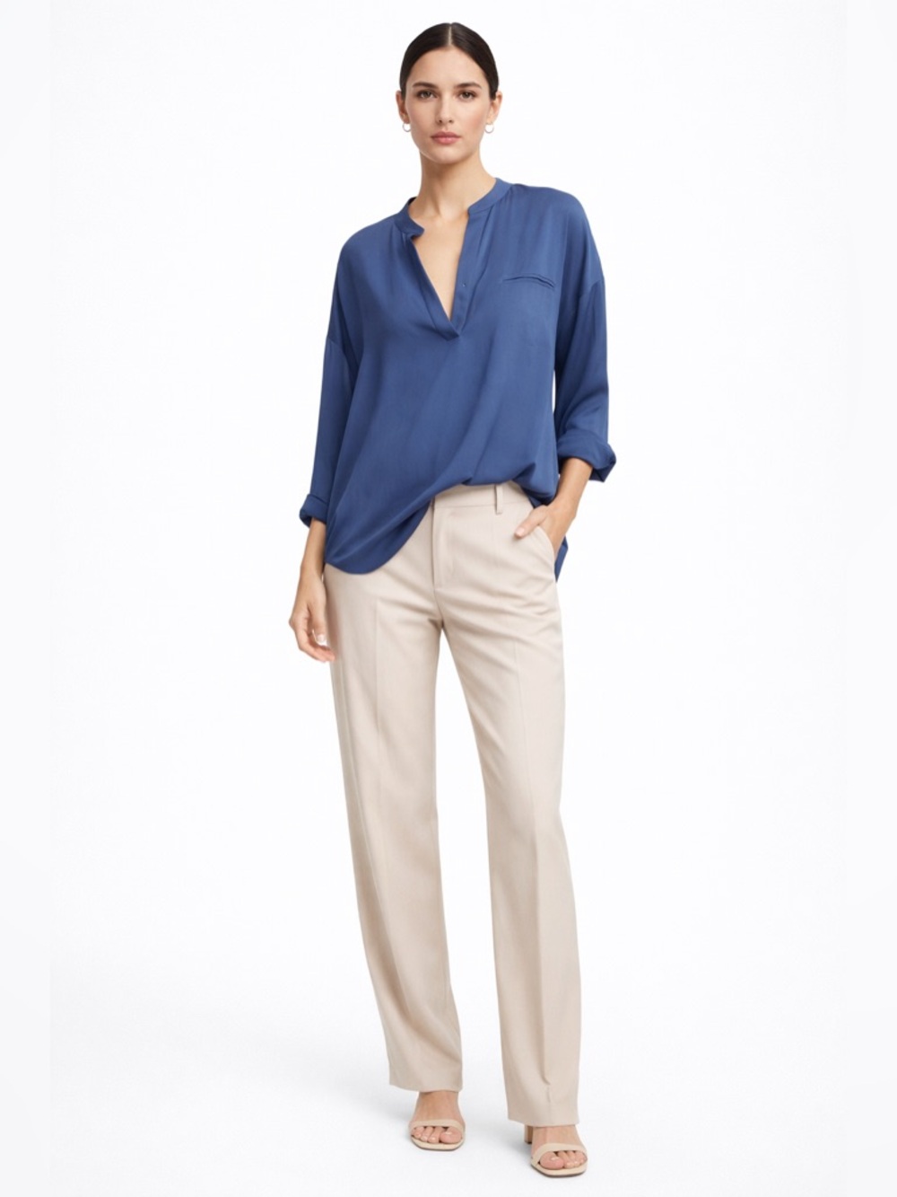Vince Silk Blouse Blue Split Neck Oversized Minimalist Luxury Top